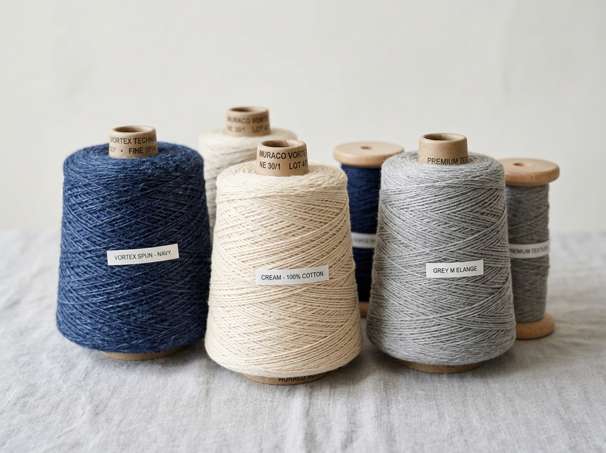 Cones of vortex-spun yarn labelled vortex spun navy, cream and grey melange